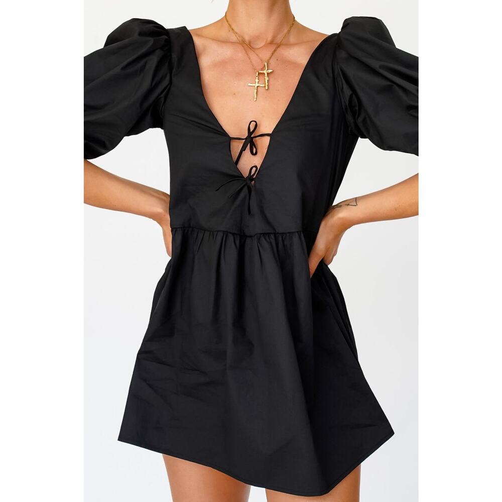 Tie-Front Black Puff Sleeve Mini Dress